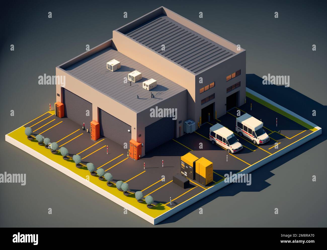 Isometric of warehouse exterior with logistic delivery services Stock Photo