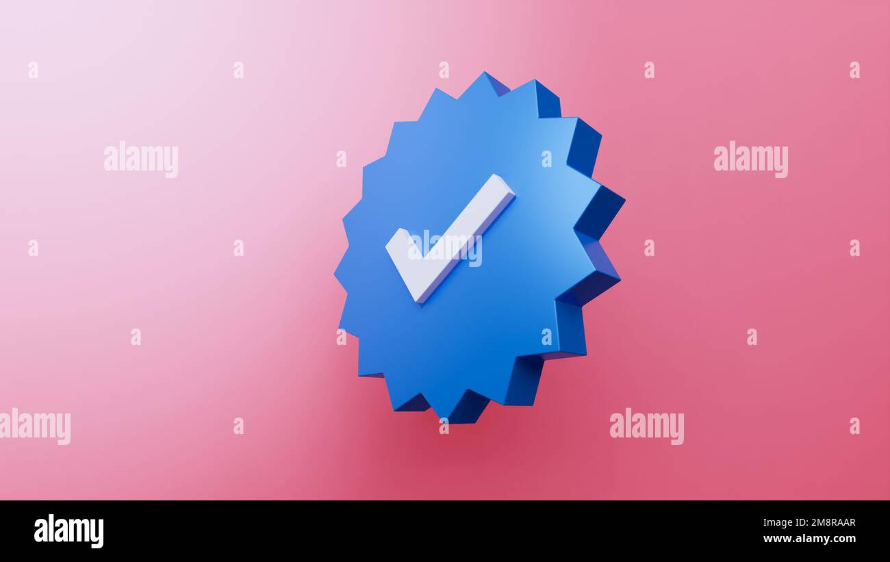 Verification badge on pink background. Blue check. 3d illustration. Stock Photo