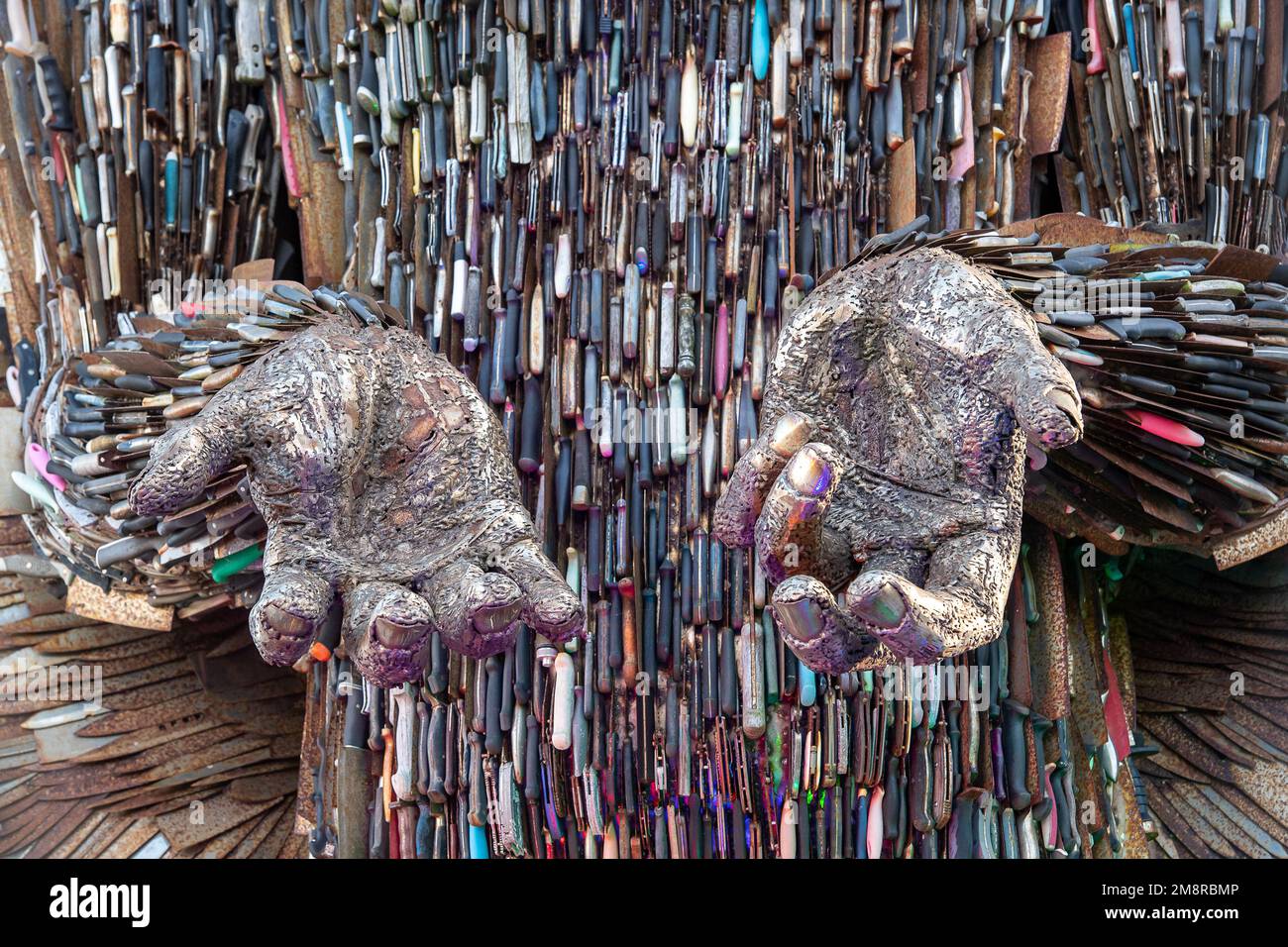 Slough, Berkshire, UK. 15th January, 2023. The Knife Angel Sculpture is currently on display at the Arbour Park in Slough, Berkshire. The amazing sculpture, made from over 100,000 seized blades, was created to highlight the negative effects of violent behaviour with the need for social change. It acts as a catalyst for turning the tide on violent and aggressive behaviour and is also a beautiful memorial designed to celebrate those lives who have been lost through these violent and thoughtless actions. Credit: Maureen McLean/Alamy Live News Stock Photo
