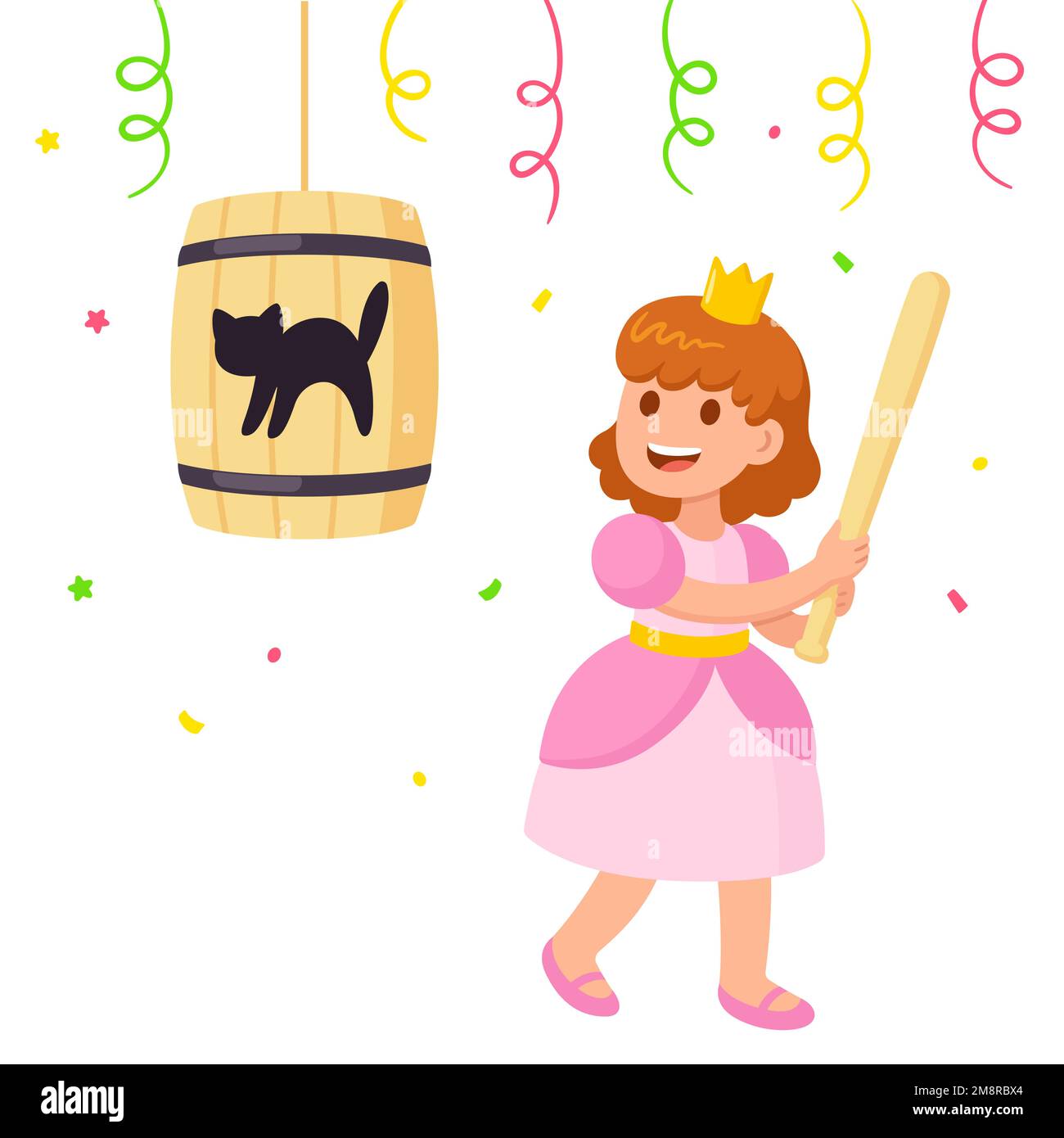 Fastelavn celebration in Denmark. Little girl in princess dress hitting cat barrel with a bat. Cute cartoon vector illustration. Stock Vector