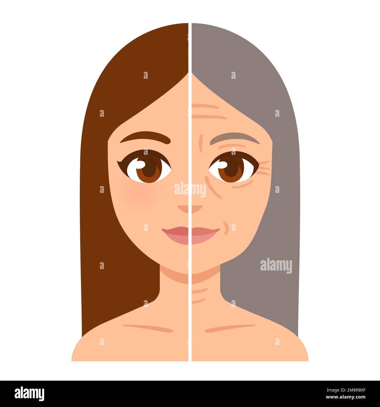 Female face divided in half, young girl and old woman with wrinkles. Cartoon style vector illustration. Stock Vector