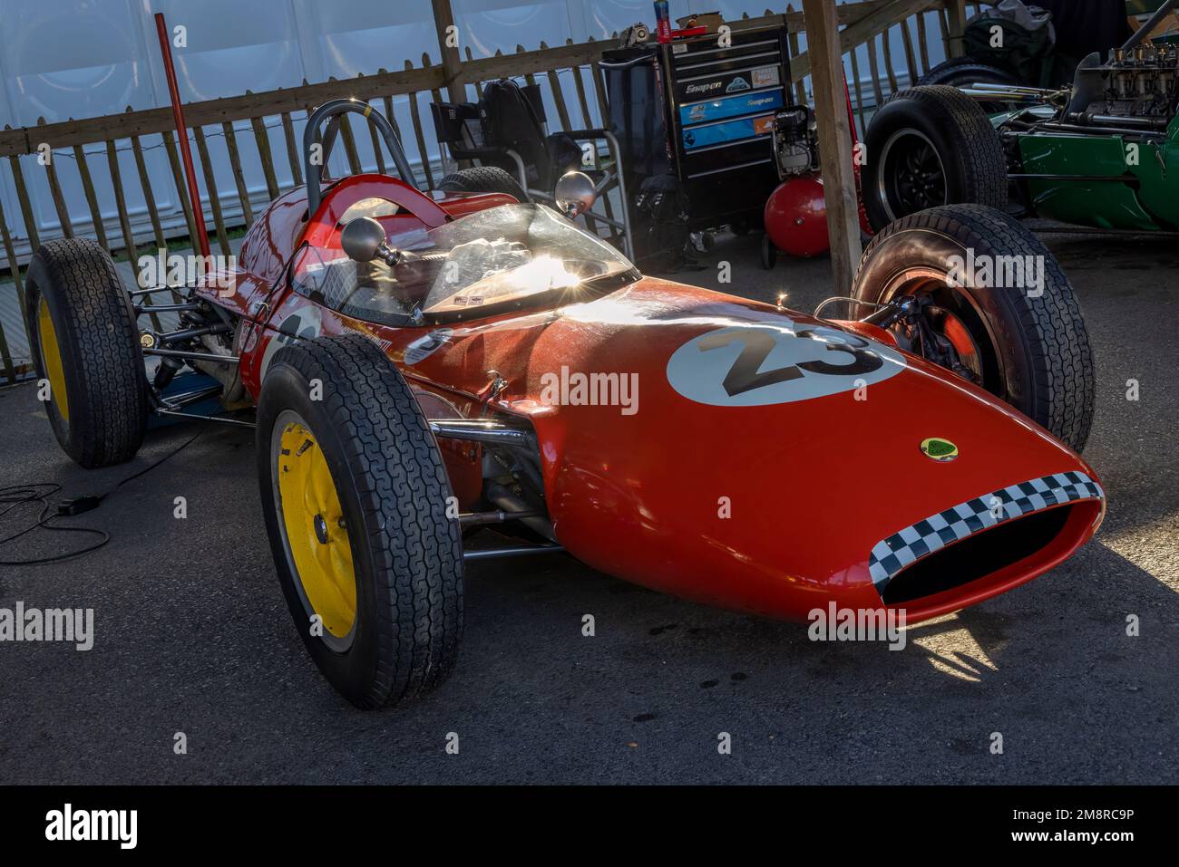 Franck Trouillard's 1962 Lotus-Climax 21/24 in the paddock garage before the Glover Trophy race at the 2022 Goodwood Revival, Sussex, UK. Stock Photo