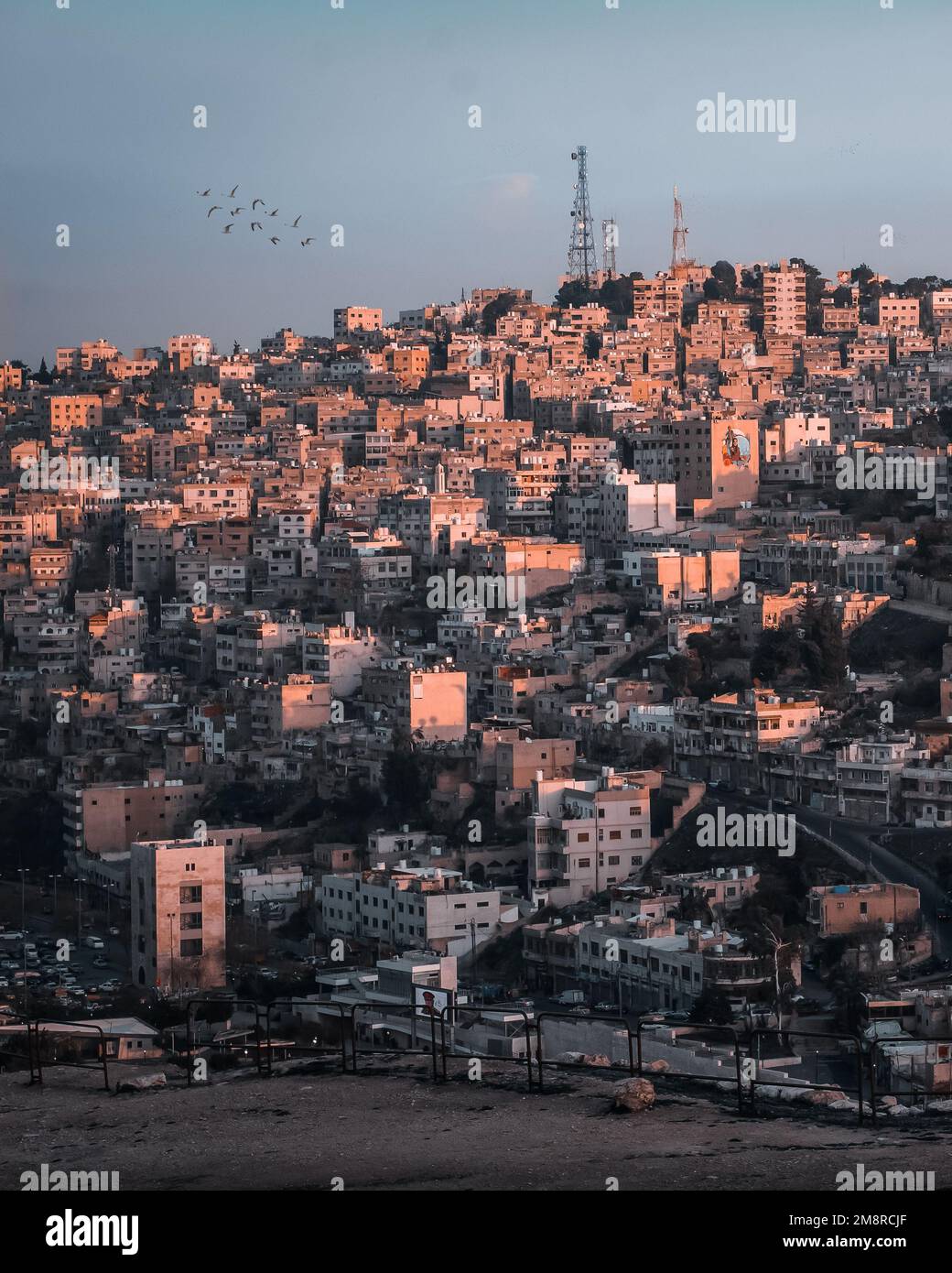 Sunset in downtown Amman, from the Amman citadel in Amman, Jordan Stock