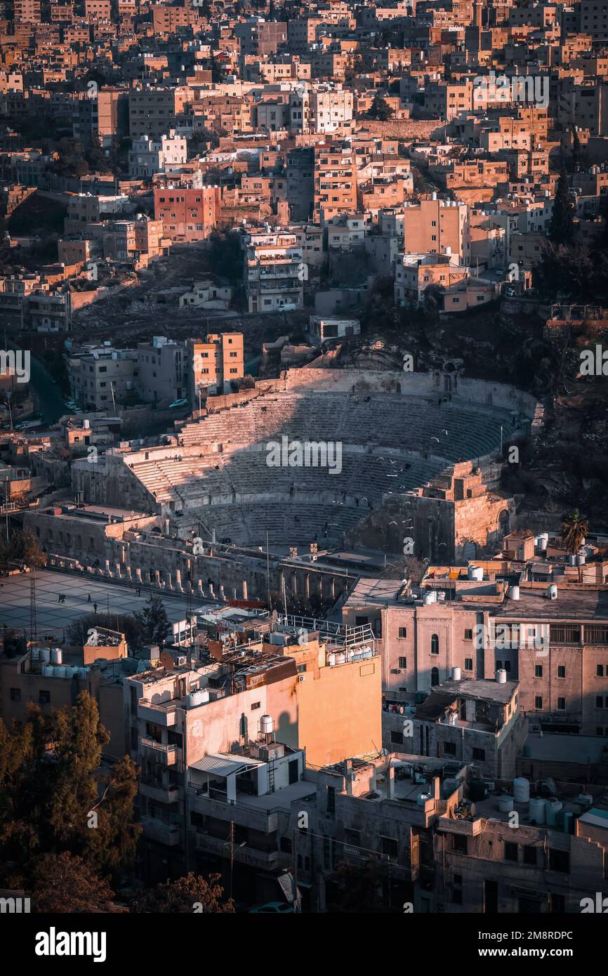 The roman amphitheatre in downtown Amman, from the Amman citadel in Amman, Jordan Stock Photo