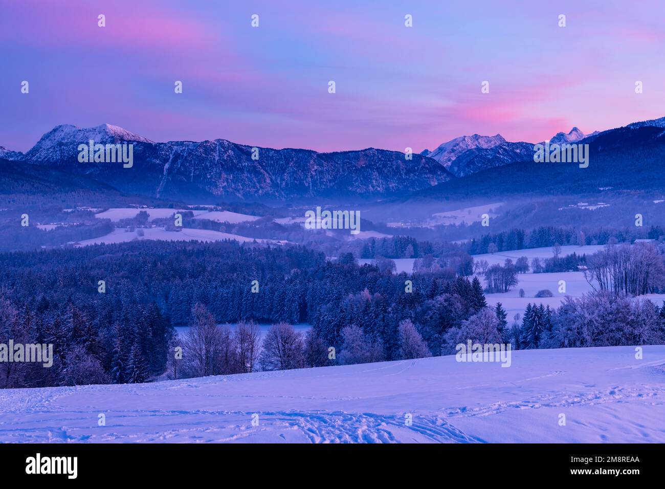 Winter Twilight At Hochberg With A View To Zwiesel and Watzmann Stock Photo