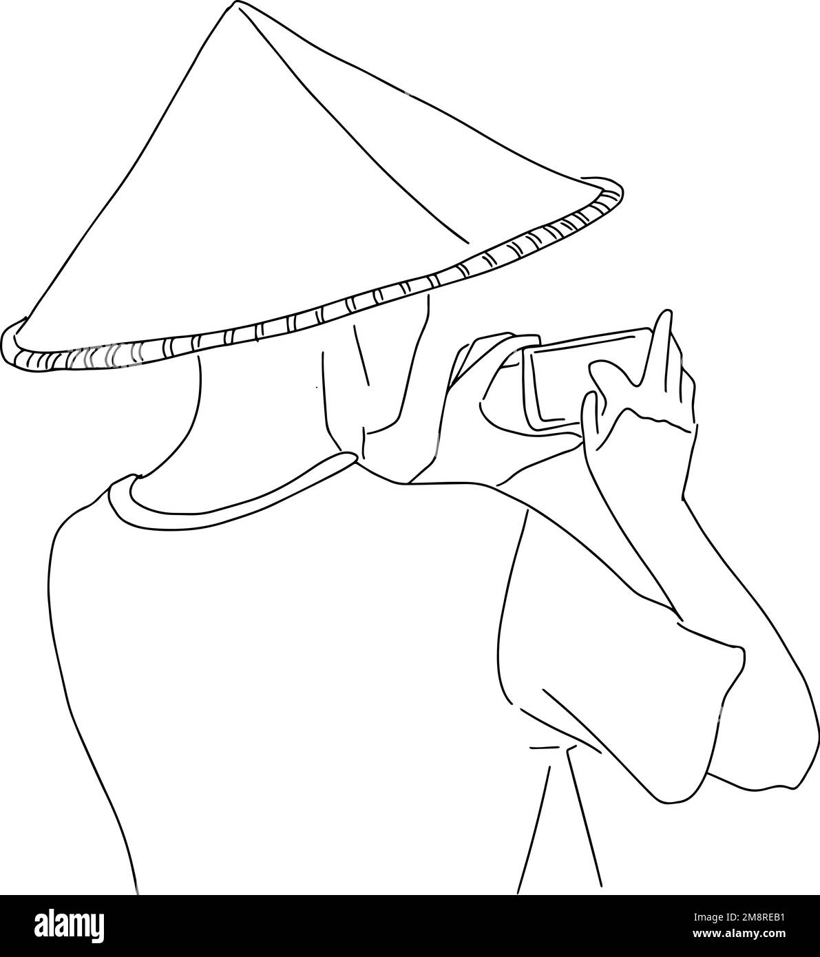 sketch tourist in a triangular hat takes a photo Stock Vector