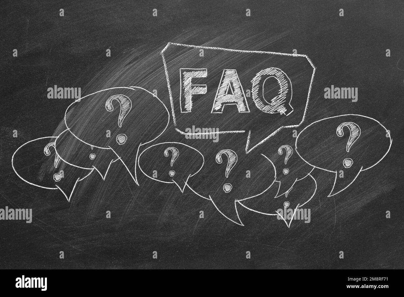 Hand drawn text FAQ, question marks with speech bubbles on blackboard