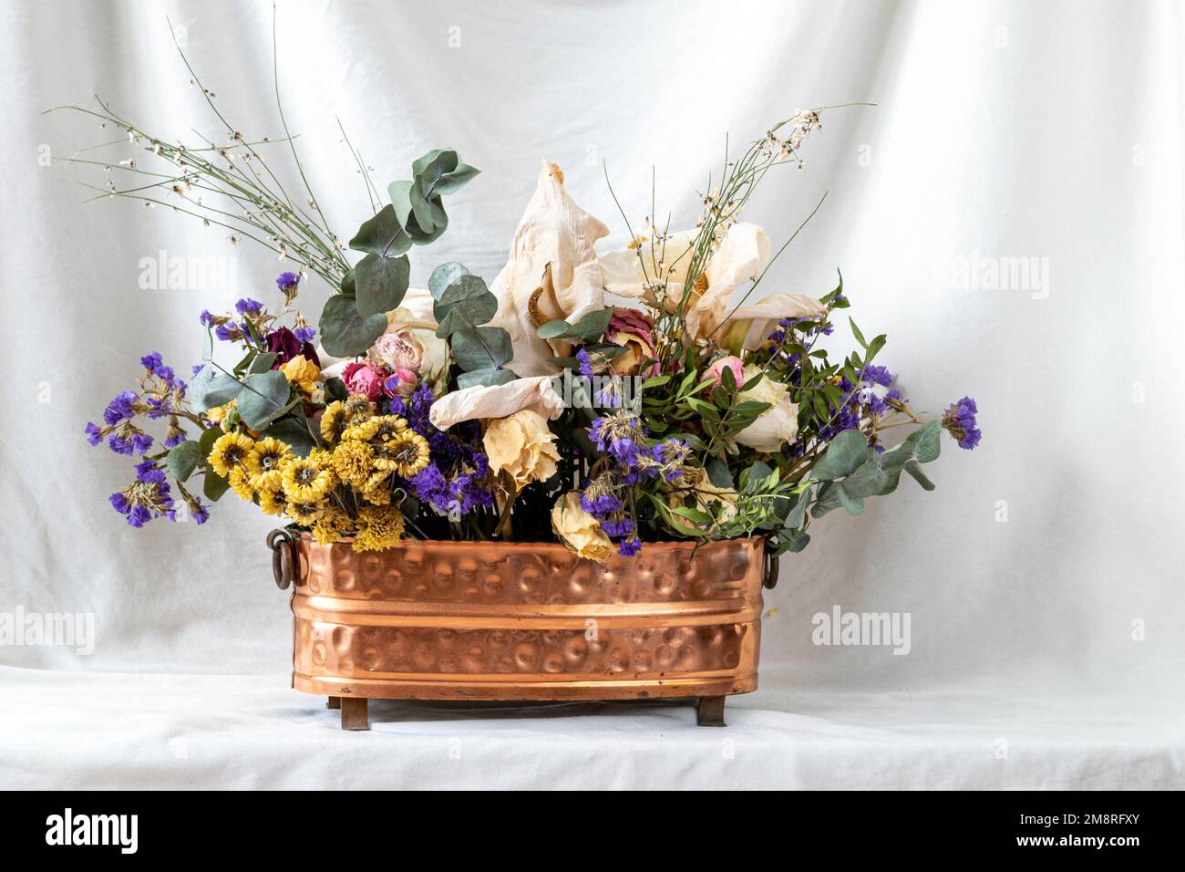 composition of dry flowers in a vase, white fabric background, still