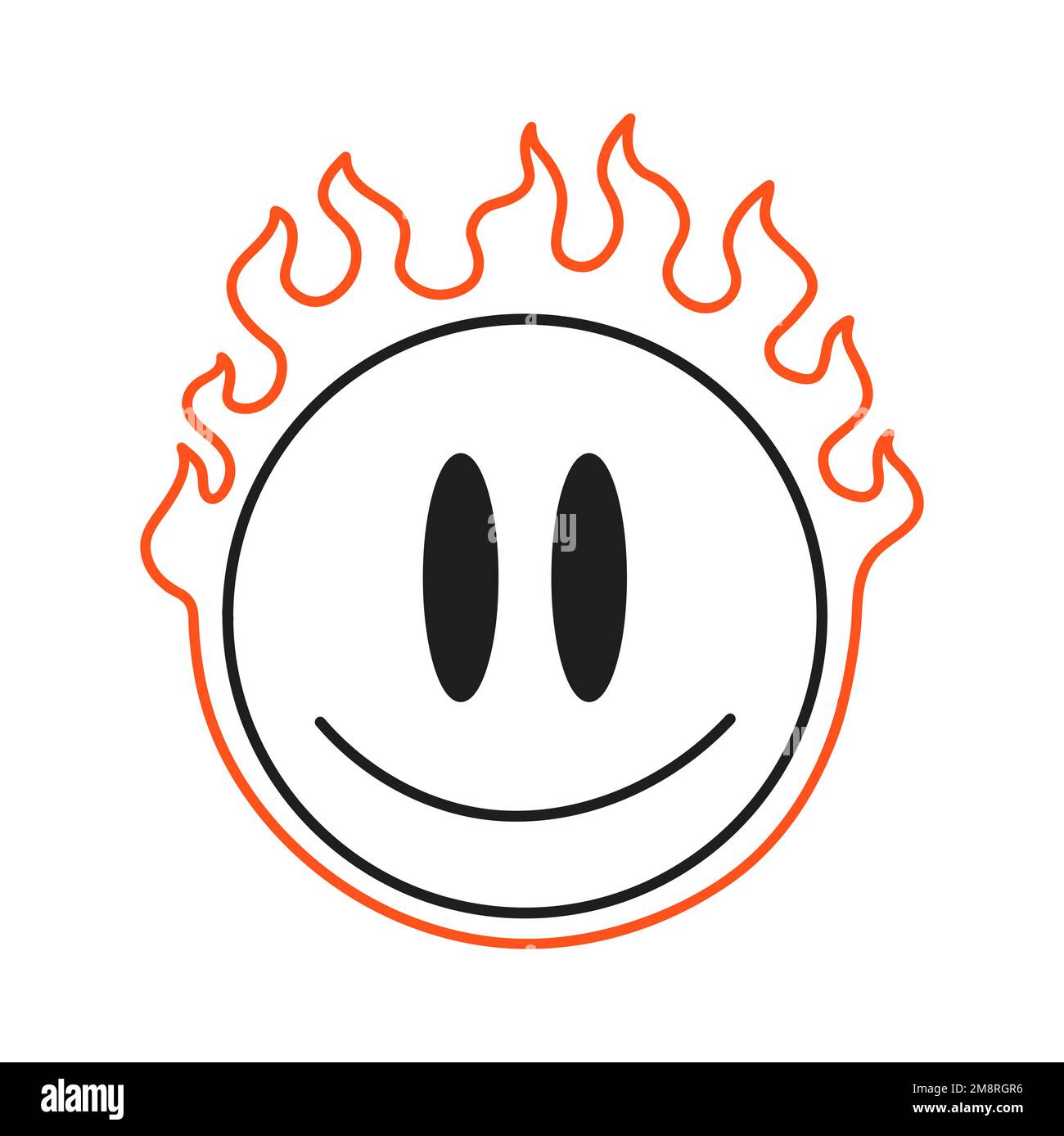 Smile face burn in fire t-shirt print design. Vector cartoon character illustration. Smile face,burn,flame,fire print for t-shirt, poster concept Stock Vector