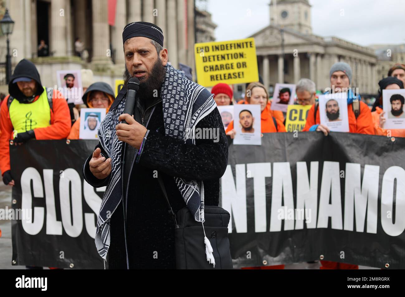London, UK, 14 Jan 2023: Campaigners in Trafalgar Sq. demanding that Guantanamo Bay Prison must be closed. Credit: Sinai Noor/Alamy Live News Stock Photo