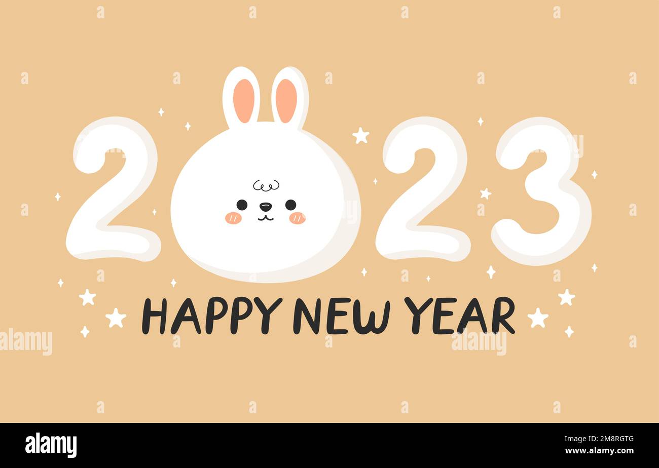 Cute funny 2023 New Year number with symbol rabbit.Vector cartoon kawaii character illustration 2023 icon. Rabbit,bunny symbol of New Year ,number,lettering,quote character concept Stock Vector
