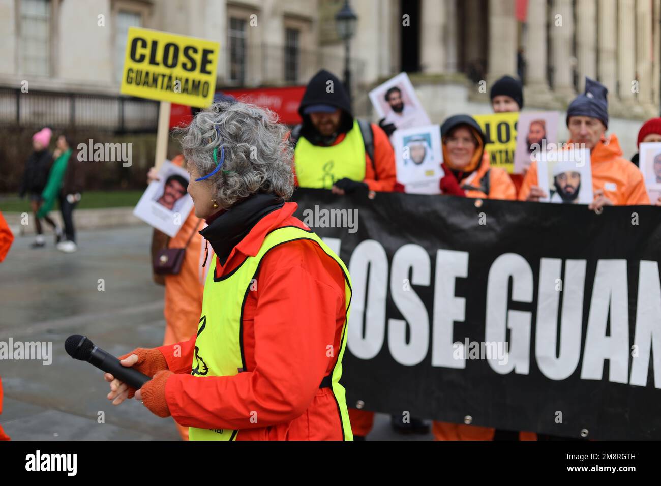 London, UK, 14 Jan 2023: Campaigners in Trafalgar Sq. demanding that Guantanamo Bay Prison must be closed. Credit: Sinai Noor/Alamy Live News Stock Photo