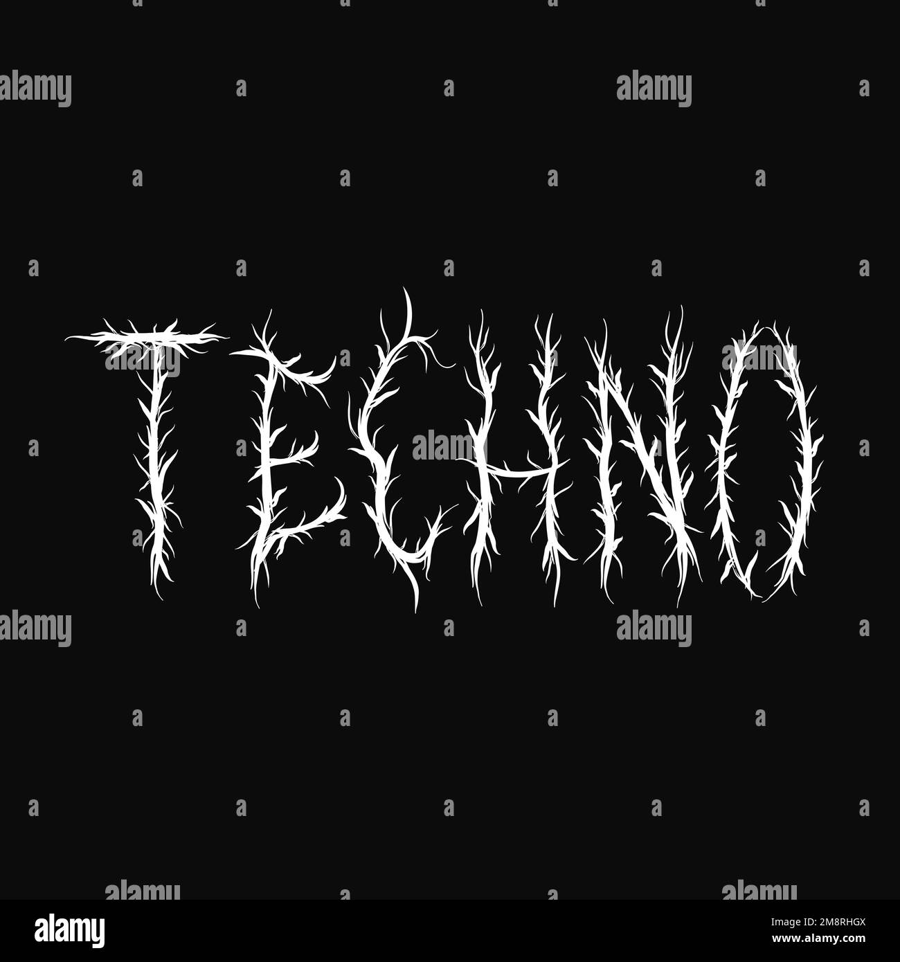 Techno word,trendy black metal style letters.Vector hand drawn illustration.Techno,rave,trippy letters, acid fashion,black metal style print for t-shirt,poster concept Stock Vector