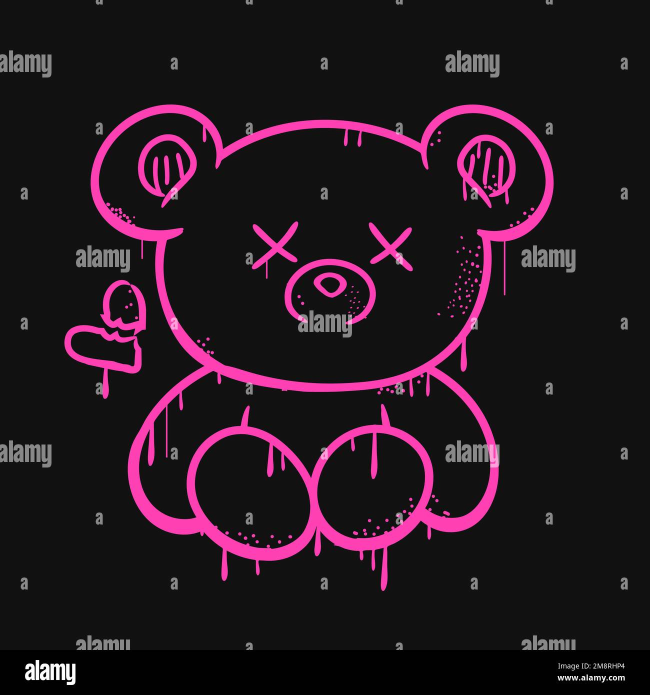 Pink dead bear toy print for t-shirt. Vector cartoon graffiti style logo icon. Print for poster,t-shirt,tee,logo,sticker concept Stock Vector