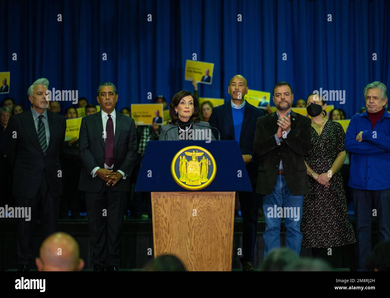 Bronx, USA. 14th Jan, 2023. New York Govnernor Kathy Hochul held a press conference along with democratic leader Hakeem Jeffries, elected officials and community leaders at the Latino Pastoral Action Center in the Bronx, NY on January 14, 2023 to show support for the nomination of judge Hector LaSalle. (Photo by Steve Sanchez/Sipa USA). Credit: Sipa USA/Alamy Live News Stock Photo
