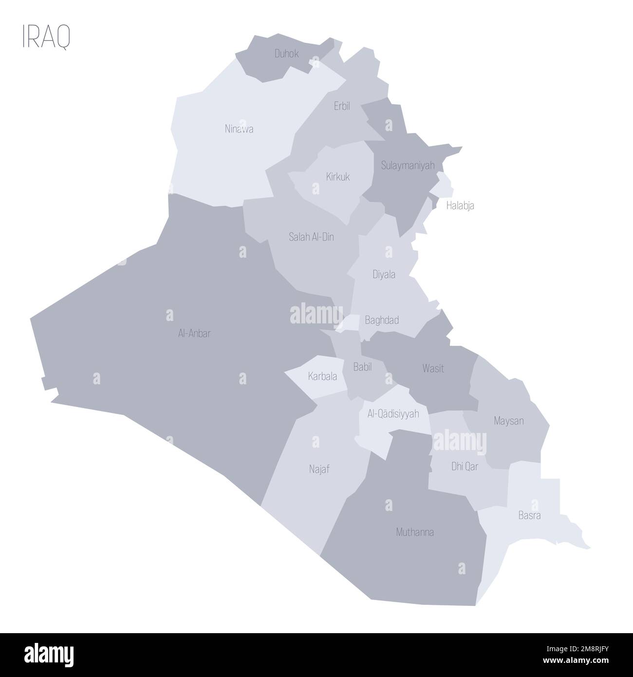 Iraq political map of administrative divisions - governorates and Kurdistan Region. Grey vector map with labels. Stock Vector