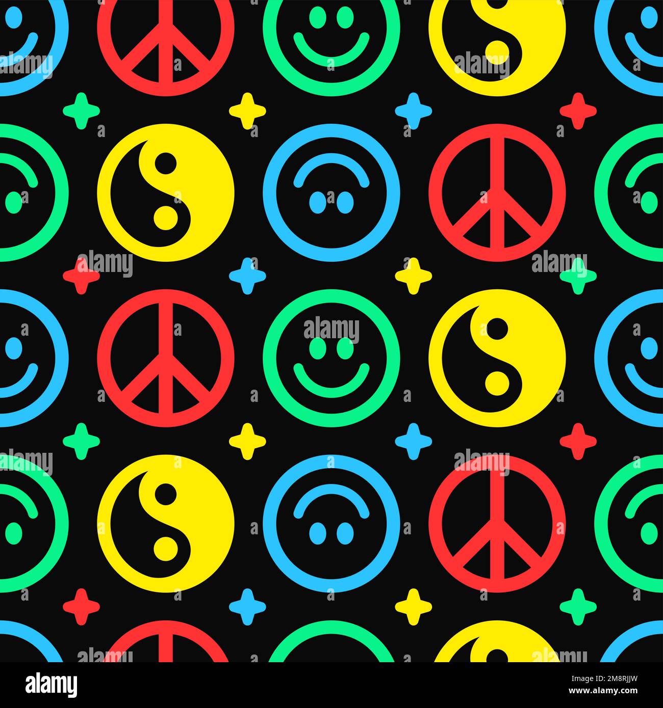 Yin Yang,peace hippie sign,smile face seamless pattern.Vector hand drawn cartoon character illustration.Yin Yang,ying,smile face,acid,love hippie peace symbol seamless pattern wallpaper print Stock Vector