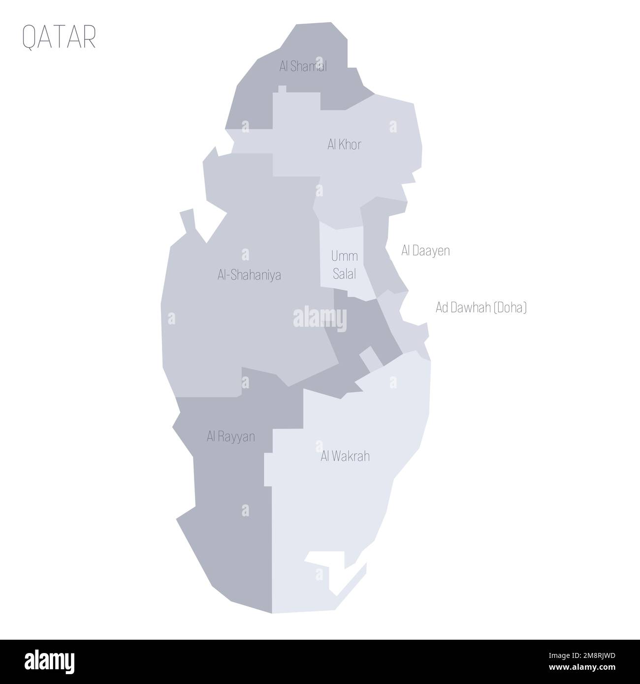 Qatar political map of administrative divisions - municipalities. Grey vector map with labels. Stock Vector