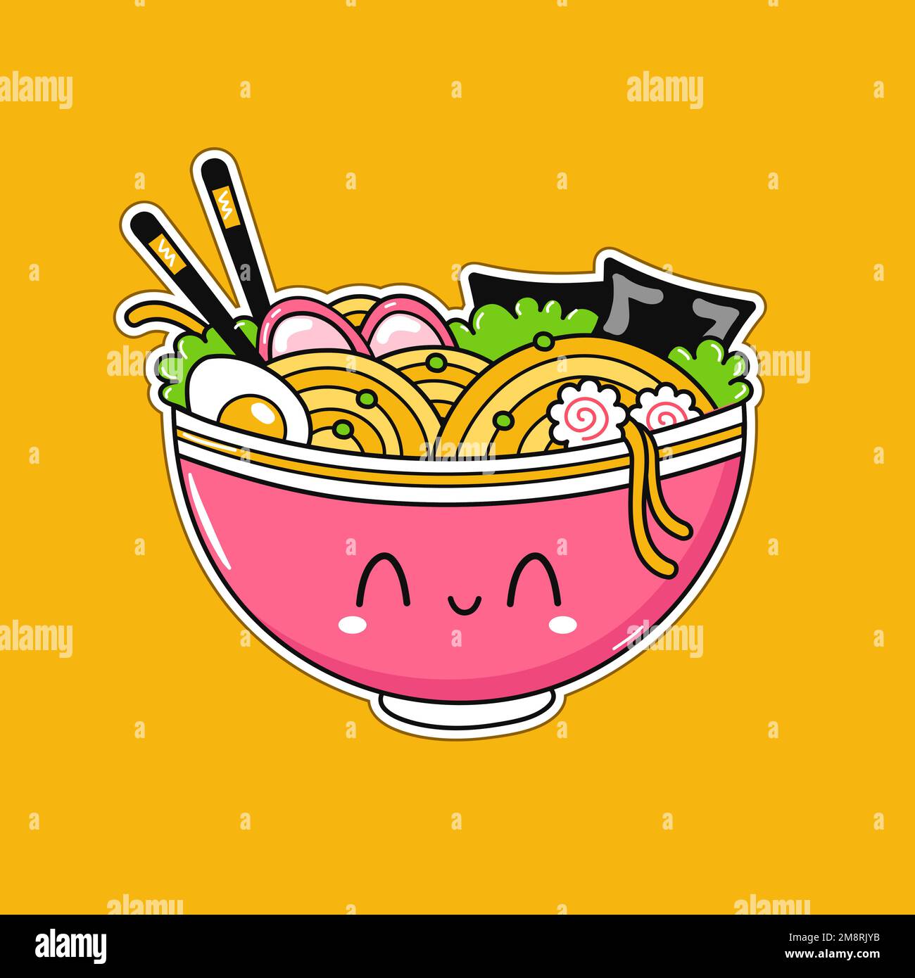 Cute funny ramen bowl. Vector hand drawn cartoon kawaii character illustration logo icon. Cute Japan anime,manga style ramen bowl,noodle cartoon kawaii concept Stock Vector