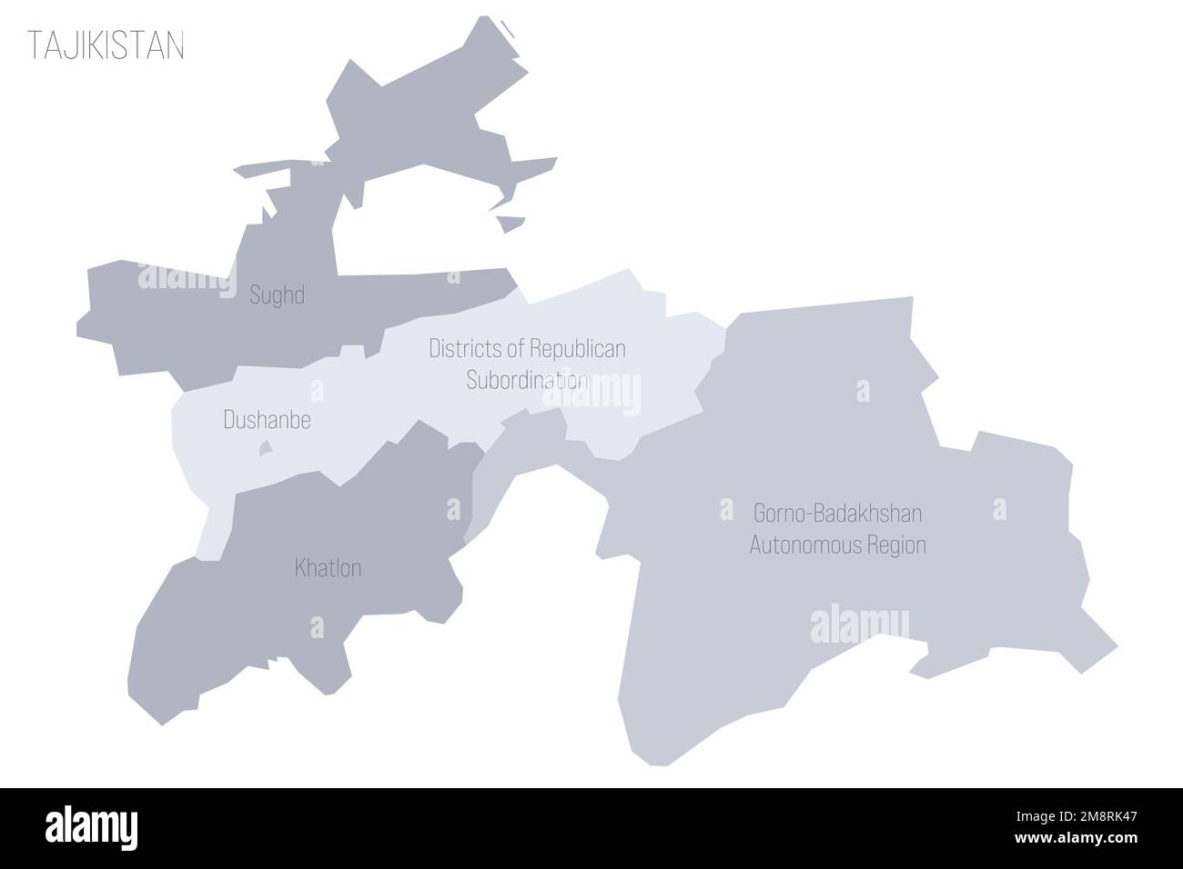 Tajikistan political map of administrative divisions - regions, autonomous region of Gorno-Badakhshan, districts of Republican Subordination and capital city of Dushanbe. Grey vector map with labels. Stock Vector