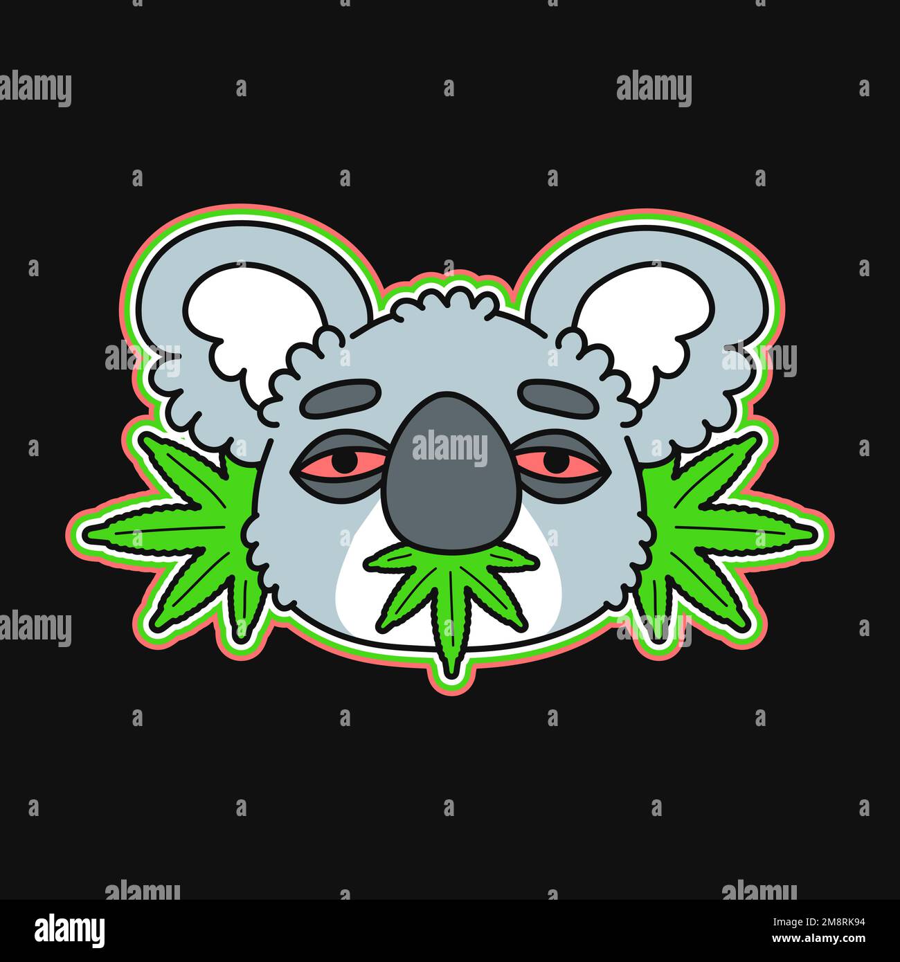 Funny koala bear eat marijuana leaf. Vector doodle cartoon style character illustration logo icon. Isolated on white background. Koala,weed,cannabis print for t-shirt,sticker,logo,poster Stock Vector