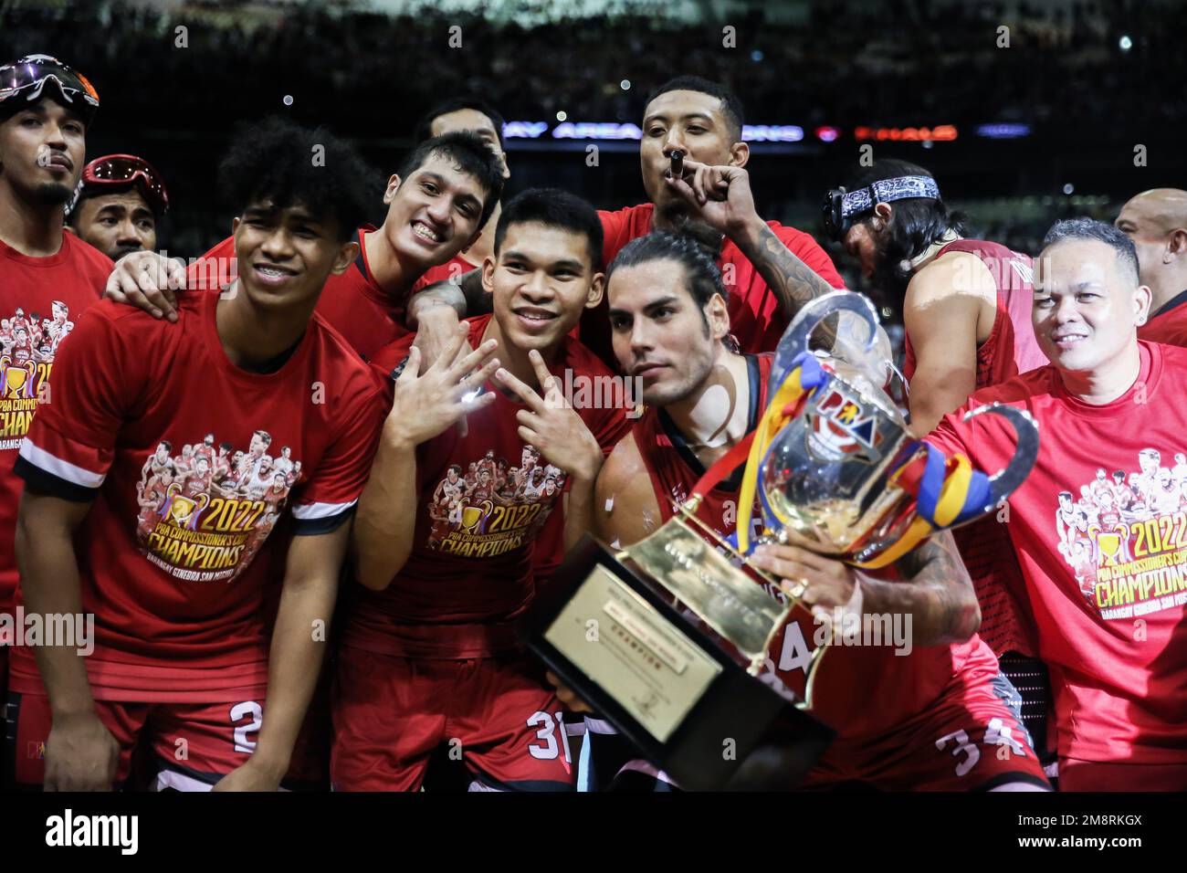 Bulacan Province. 15th Jan 2023. Players from Barangay Ginebra San Miguel celebrate winning champion against Bay Area Dragons at the Commissioner s Cup Finals of the Philippine Basketball Association ...