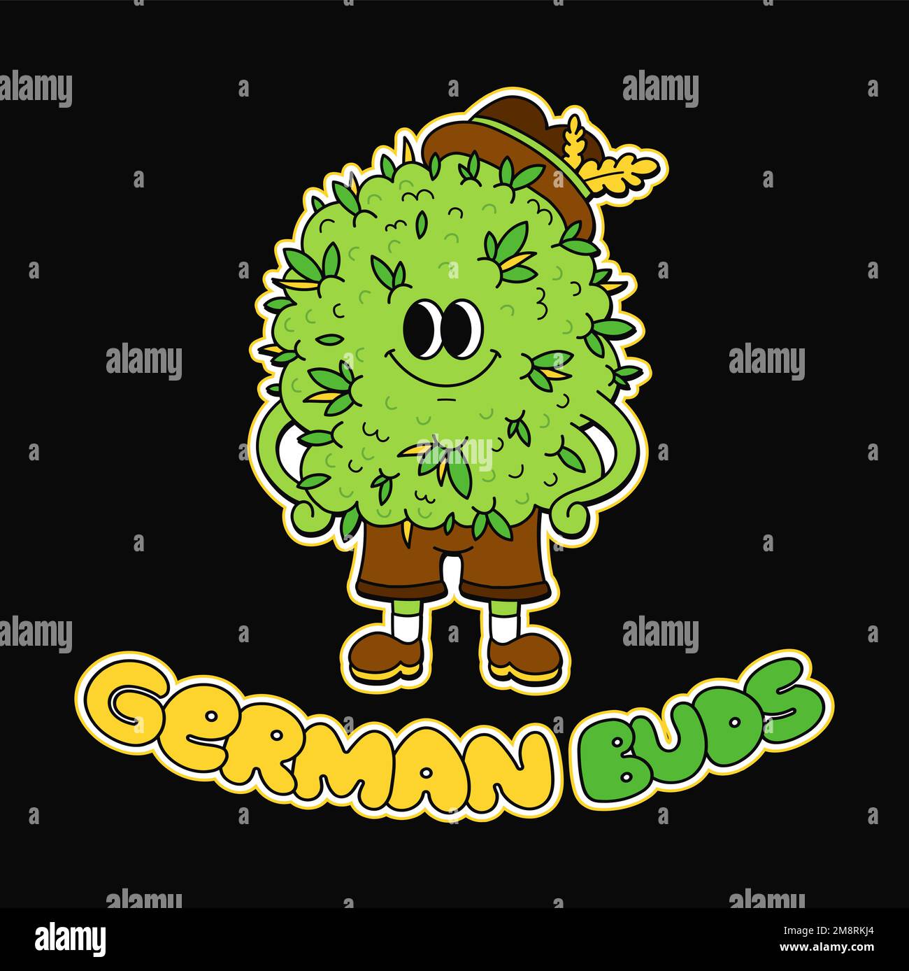 Cute cannabis bud character. German buds logo concept. Vector cartoon character icon. Marijuana,weed bud in traditional German costume print for t-shirt,sticker,logo,poster concept Stock Vector