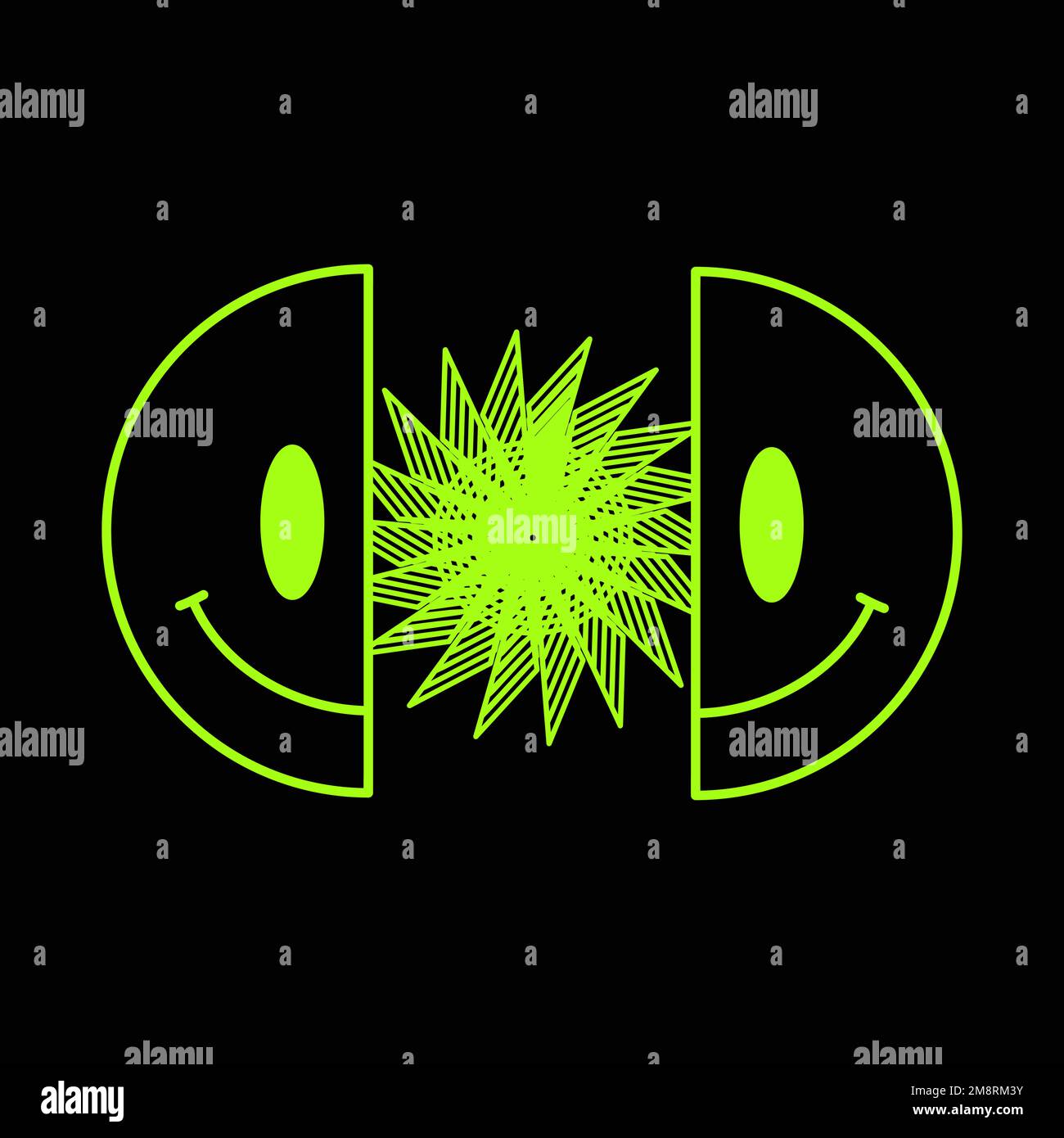 Two half of smile face and star. Vector modern neon digital style cartoon character illustration.Smile face,techno,trippy print for t shirt,tee,poster,sticker concept Stock Vector