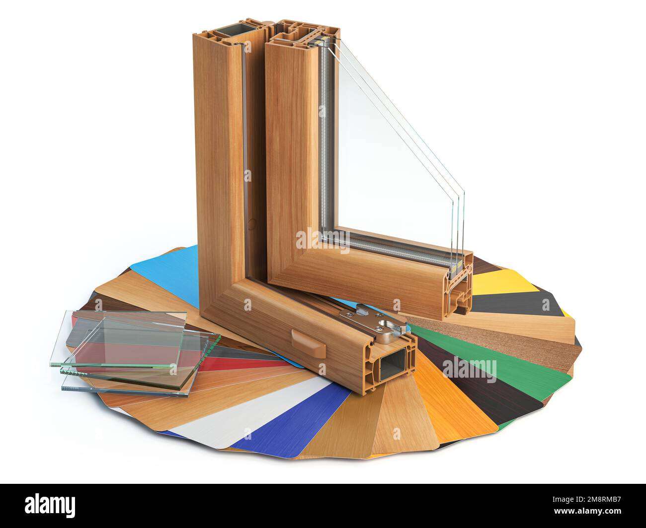 Plastic window profiles PVC with samples of different colors isolated ...