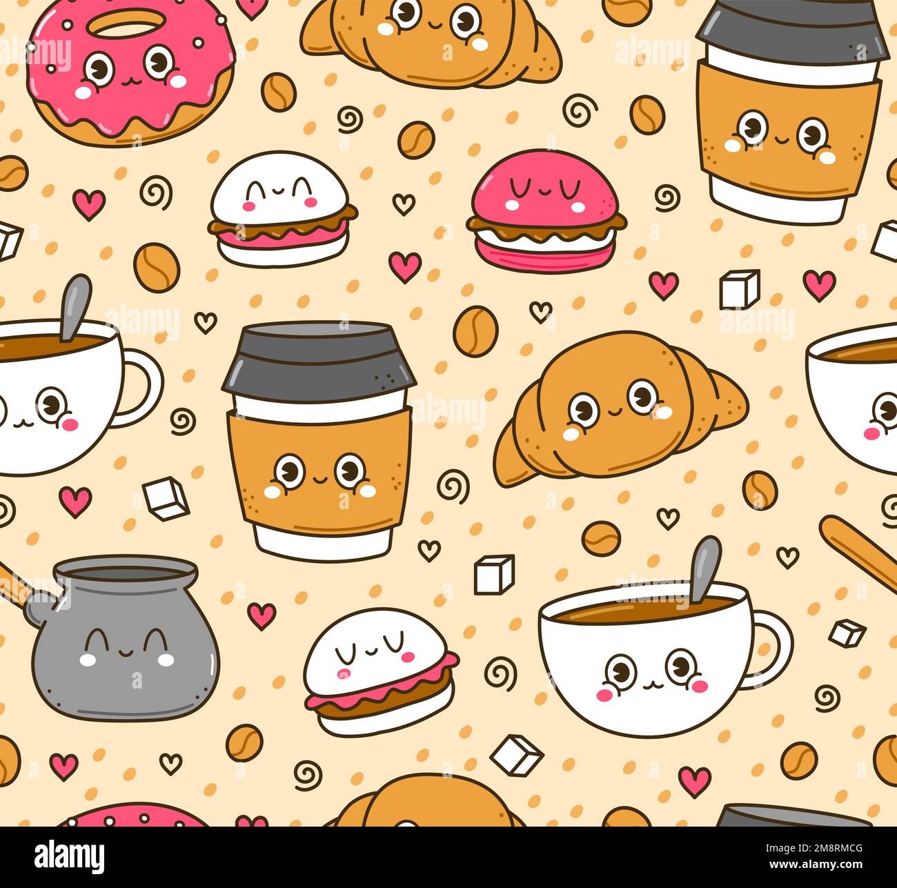 Cute funny coffee seamless pattern,wallpaper,background.Vector hand drawn doodle cartoon kawaii character illustration logo. Cute happy coffee cup,donut cartoon kawaii seamless pattern art concept Stock Vector