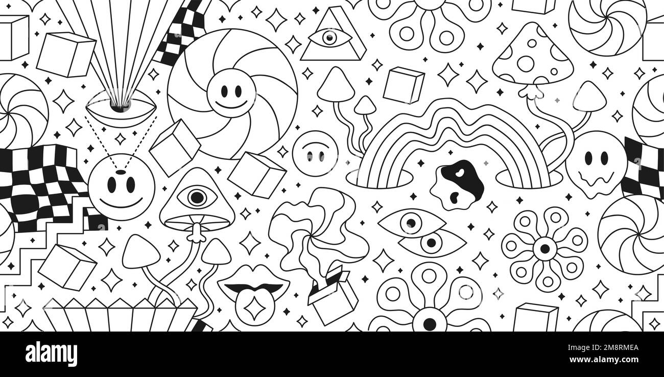 Trippy 60s hippie style psychedelic seamless pattern.Vector crazy doodle character illustration.Smile groovy faces,geometry seamless pattern vintage wallpaper print art concept Stock Vector