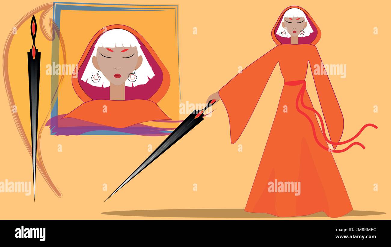 A warrior mon warrior with white hair in a long hooded dress holds a narrow sword in her hand. Stock Vector