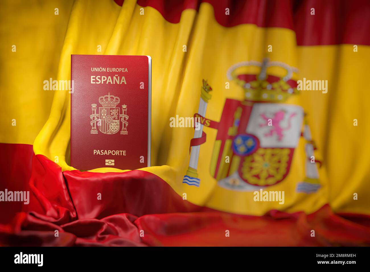 Passport of Spain on spanish flag. Citizenship, immigration, travel and
