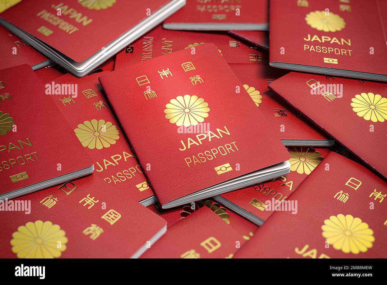 Heap of Japan passports. Immigration, citizenship, travel and tourism concept. 3d illustration Stock Photo