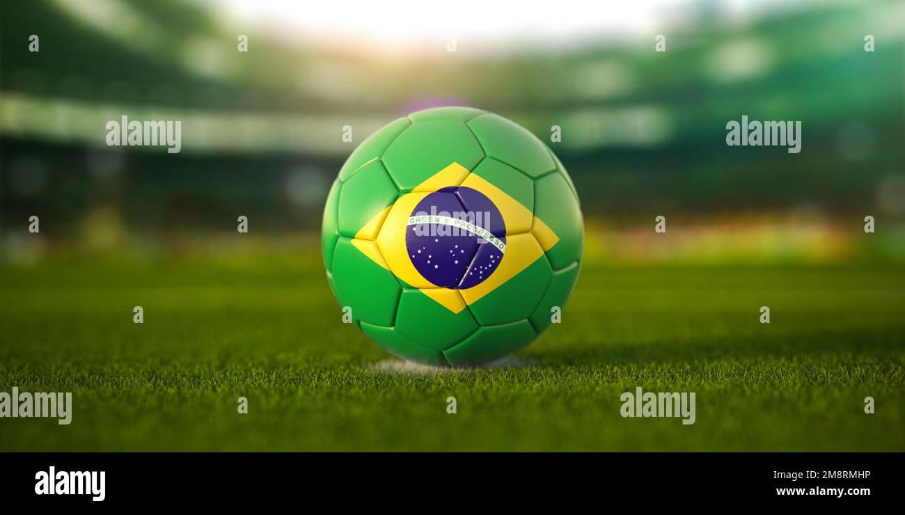 Football ball with flag of Brazil on the field of football stadium and space for name of football clubs. Football championship of Brazil concept. 3d i Stock Photo