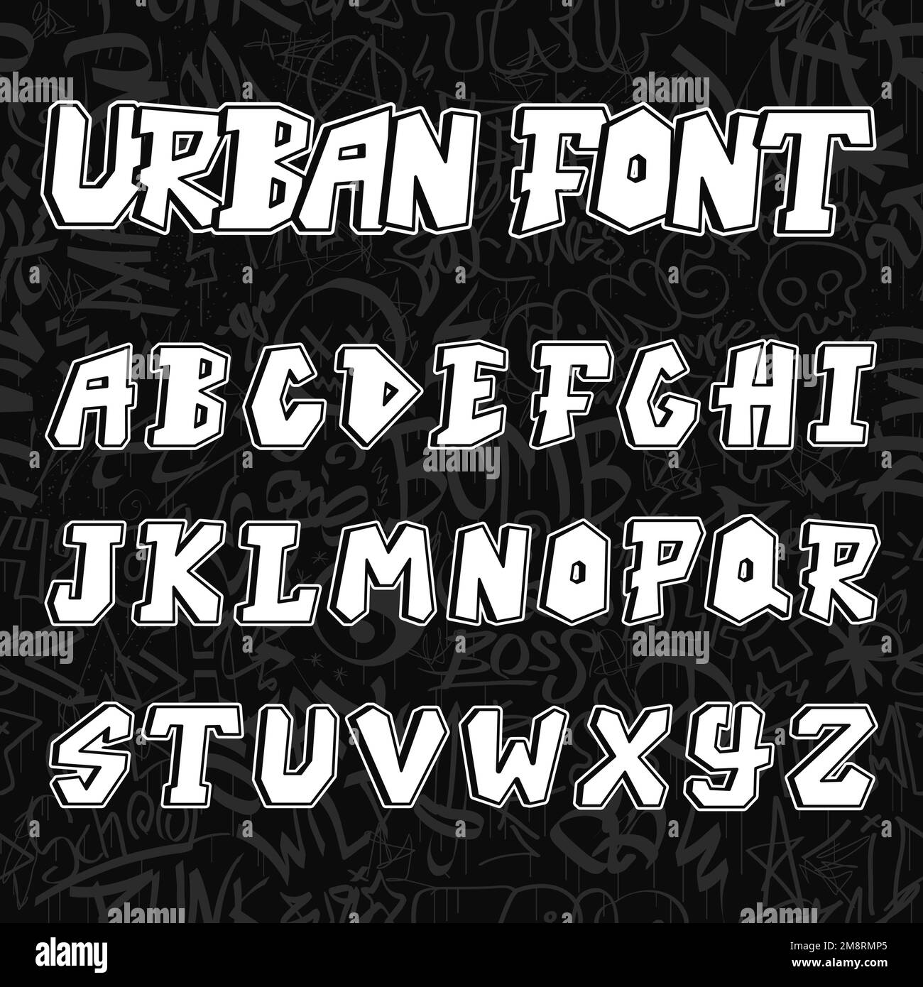 Graffiti letters font.Vector hand drawn line cartoon illustration. Graffiti letters,abc,urban, font fashion print for t-shirt,poster,logo art concept Stock Vector