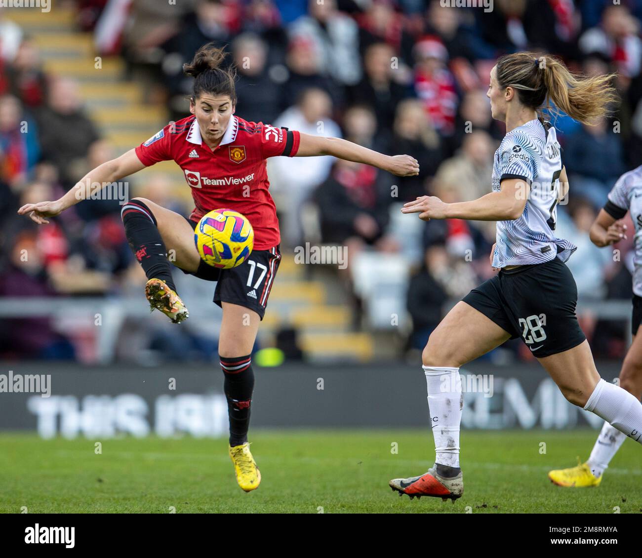 Leigh Sports Village, Manchester, UK. 15th Jan, 2023. Womens Super League Football, Manchester United versus Liverpool; Carla Humphrey of Liverpool Women under pressure from Megan Campbell of Liverpool Women Credit: Action Plus Sports/Alamy Live News Stock Photo