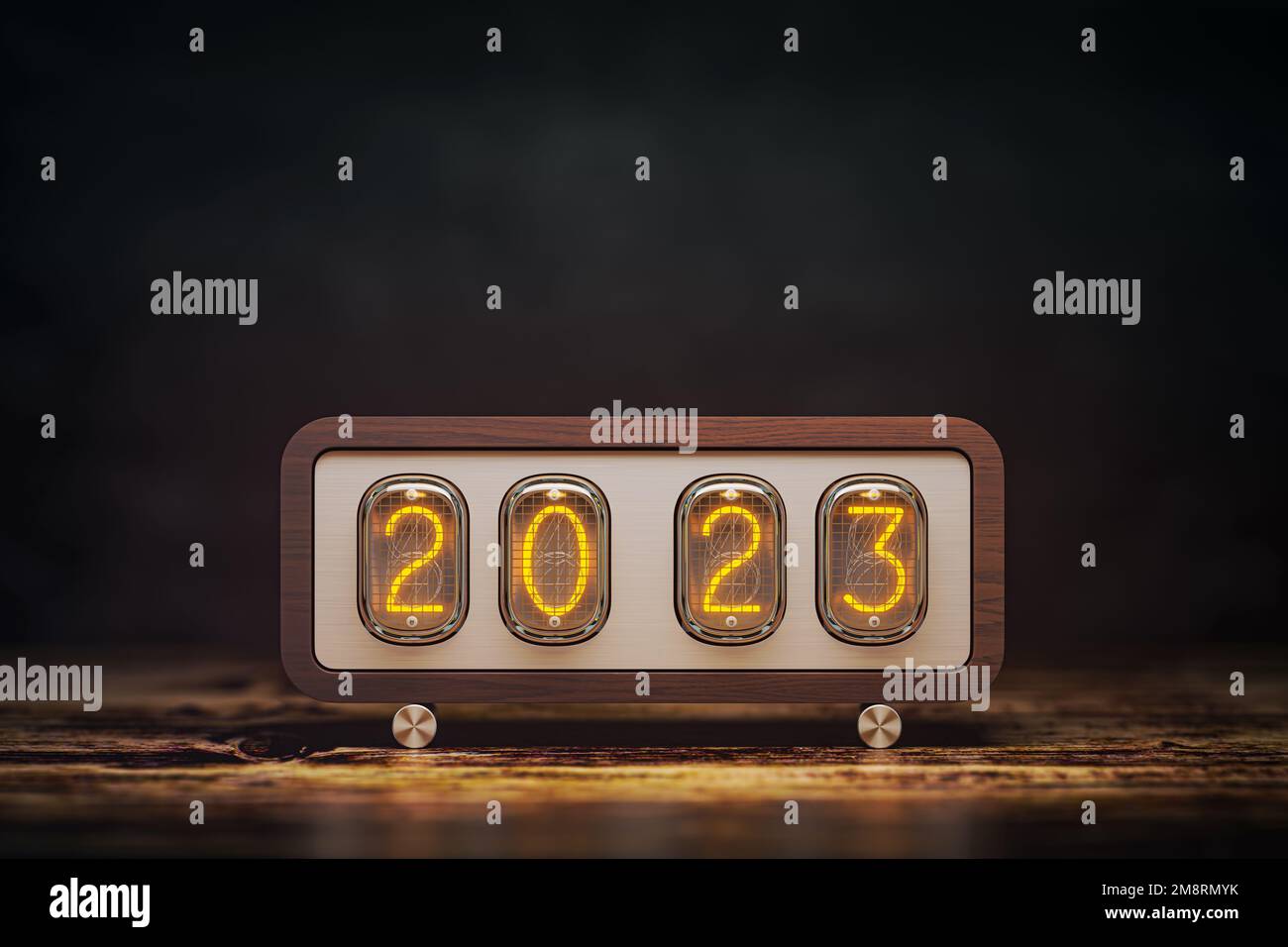 Happy New 2023 Year. Vintage nixie clock with 2023. 3d illustration Stock Photo