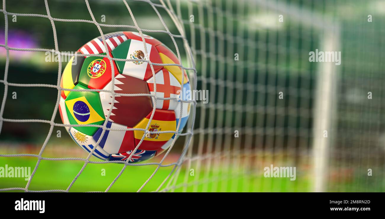 Soccer football ball with flags of world countries scoring goal on a cup of world. 3d illustration Stock Photo