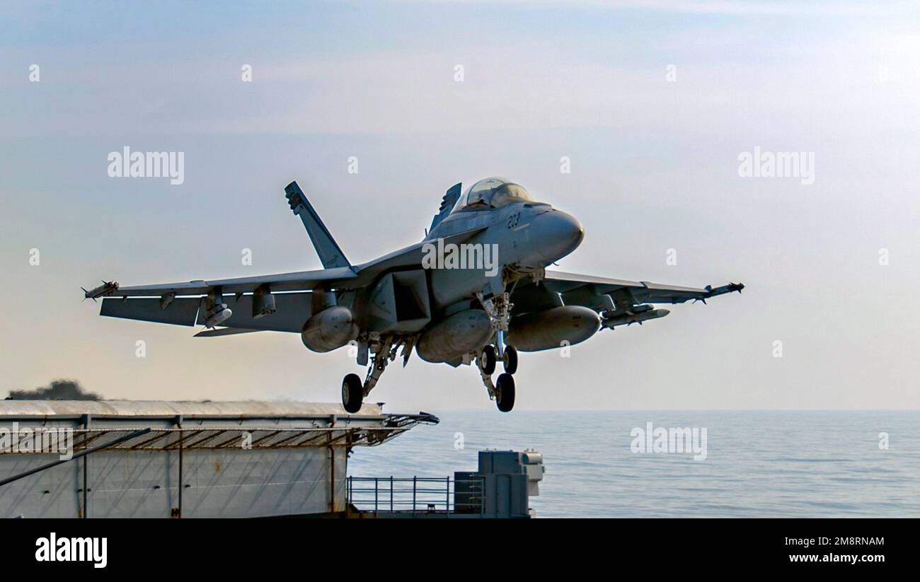 USS Nimitz, United States. 14th Jan, 2023. A U.S. Navy F/A-18F Super Hornet fighter aircraft from the Mighty Shrikes of Strike Fighter Squadron 94, launches on the flight deck of the Nimitz-class aircraft carrier USS Nimitz underway conducting routine operations, January 14, 2023 in the South China Sea. Credit: MCS Emma Burgess/U.S Navy Photo/Alamy Live News Stock Photo