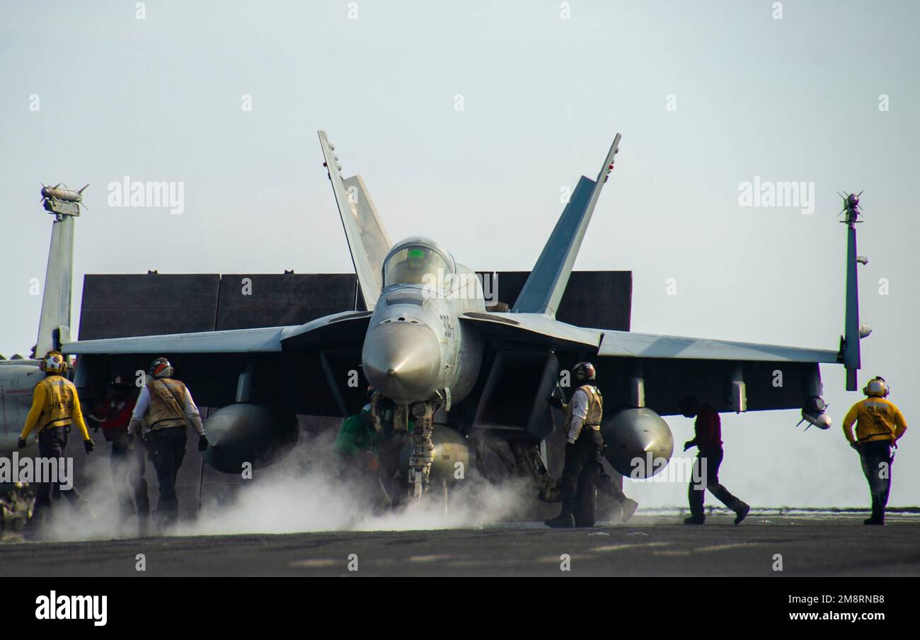 USS Nimitz, United States. 14th Jan, 2023. A U.S. Navy F/A-18E Super Hornet fighter aircraft from the Kestrels of Strike Fighter Squadron 146, is prepared for launch on the flight deck of the Nimitz-class aircraft carrier USS Nimitz underway conducting routine operations, January 14, 2023 in the South China Sea. Credit: MCS Emma Burgess/U.S Navy Photo/Alamy Live News Stock Photo