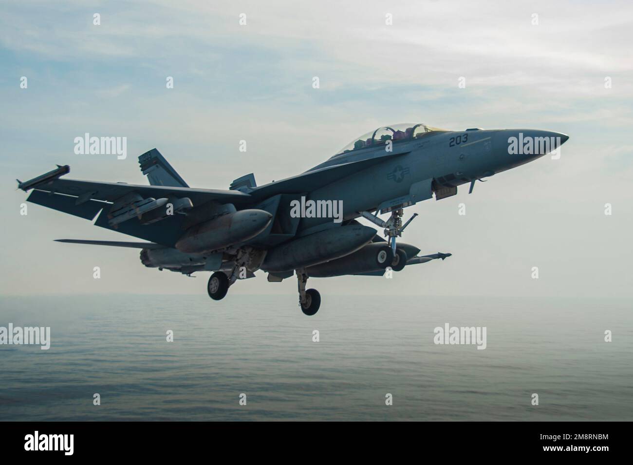 USS Nimitz, United States. 14th Jan, 2023. A U.S. Navy F/A-18F Super Hornet fighter aircraft from the Mighty Shrikes of Strike Fighter Squadron 94, launches on the flight deck of the Nimitz-class aircraft carrier USS Nimitz underway conducting routine operations, January 14, 2023 in the South China Sea. Credit: MCS Emma Burgess/U.S Navy Photo/Alamy Live News Stock Photo