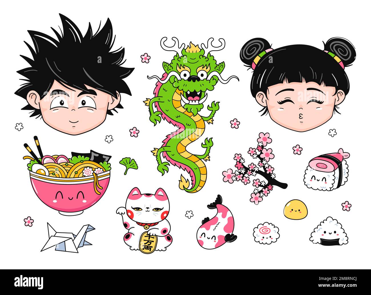 Cute funny Anime Japan style set. Vector hand drawn cartoon kawaii character illustration icon. Cute Japan anime,manga boy,girl,dragon,sushi,ramen cartoon kawaii set collection concept Stock Vector