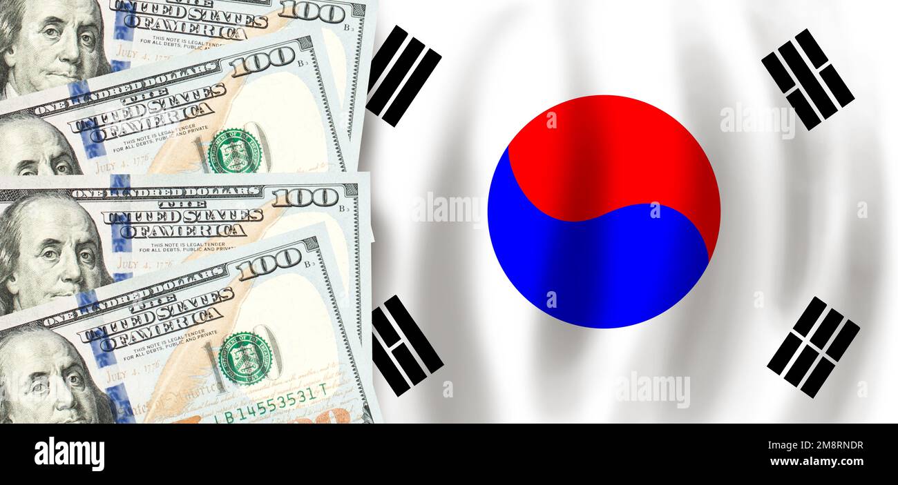 Dollars on flag of Korea, Korean finance, subsidies, social support, GDP concept Stock Photo