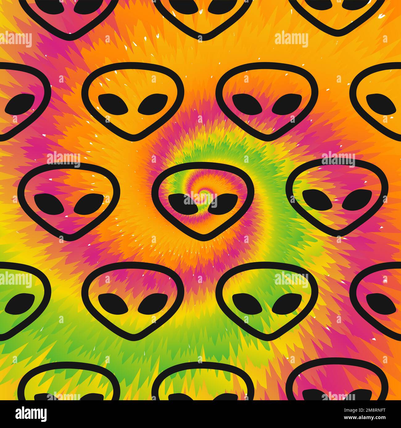 Alien faces,tie dye background.Vector tie dye crazy cartoon character illustration.Ufo,alien,tiedye background,pattern,wallpaper print concept Stock Vector