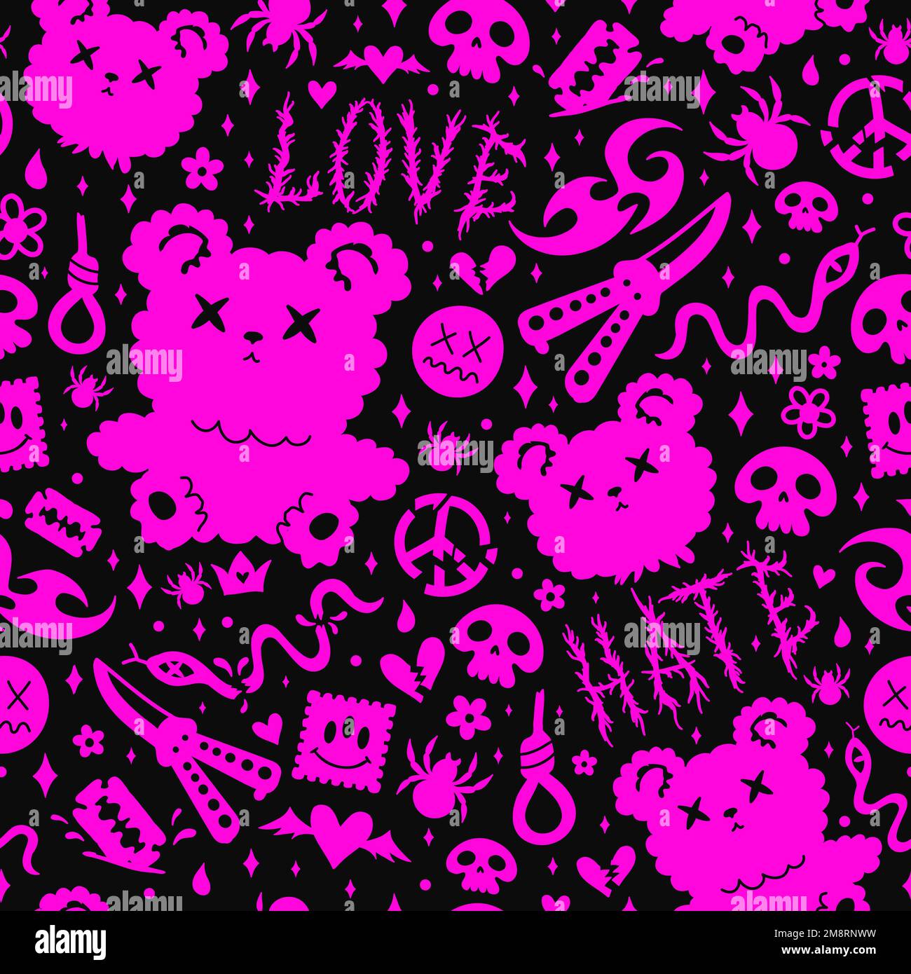 Grunge emo seamless pattern wallpaper art.Vector graphic background illustration.Dead bear toy,goth,emo seamless pattern wallpaper print concept Stock Vector