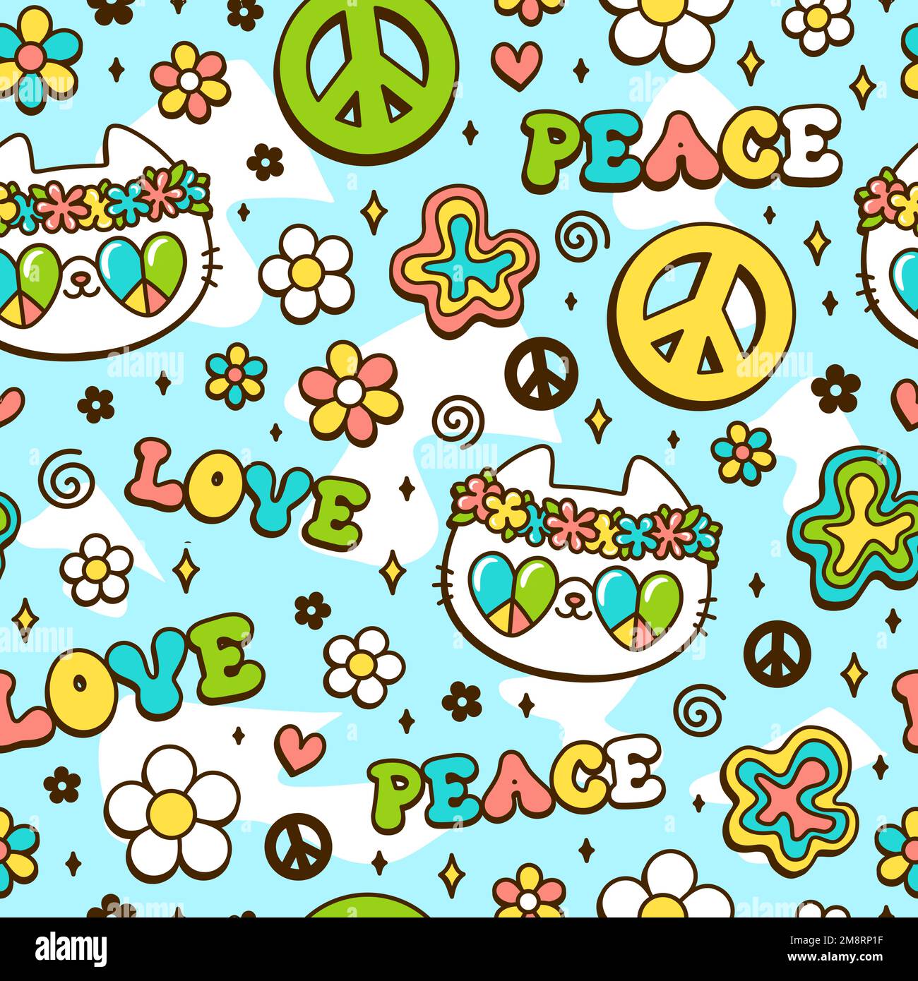 Cute cat,peace hippie symbol in flower seamless pattern. Vector hand drawn kawaii trendy cartoon illustration.Hippie cat,60s,70s,groovy fashion print seamless pattern concept Stock Vector