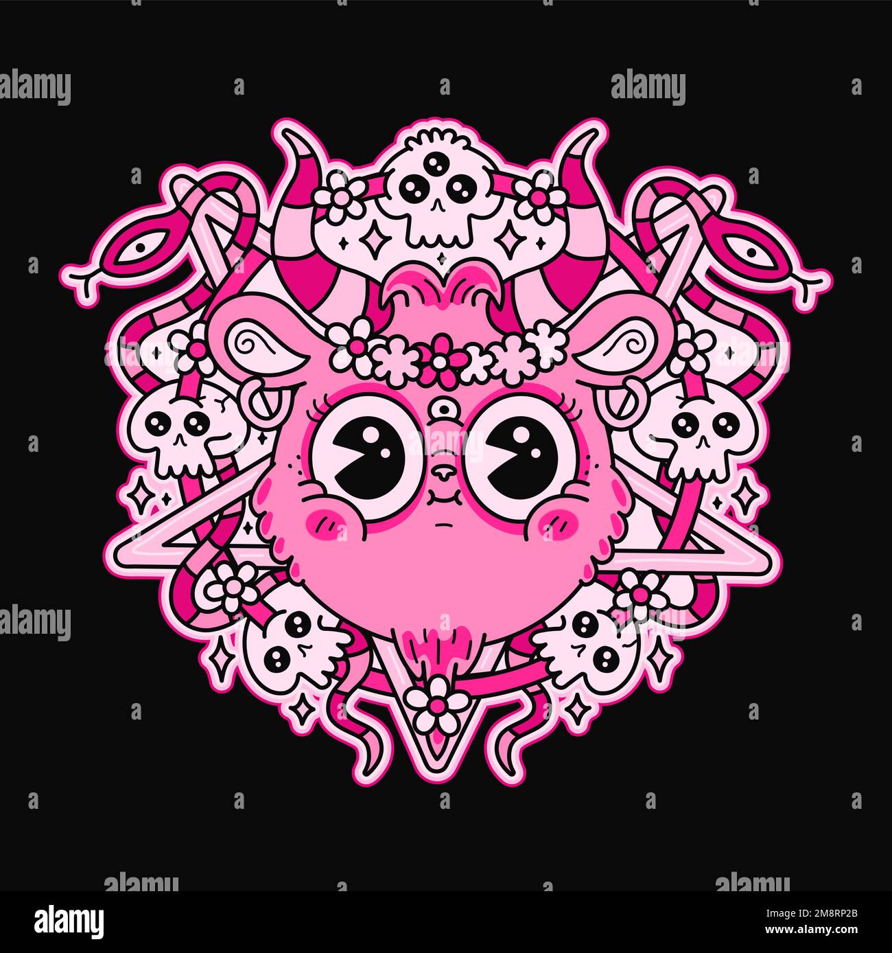 Funny goat satan head and pentagram. Vector cartoon character illustration logo.Smile cute goat face,demon,satan print for t-shirt,poster art concept Stock Vector