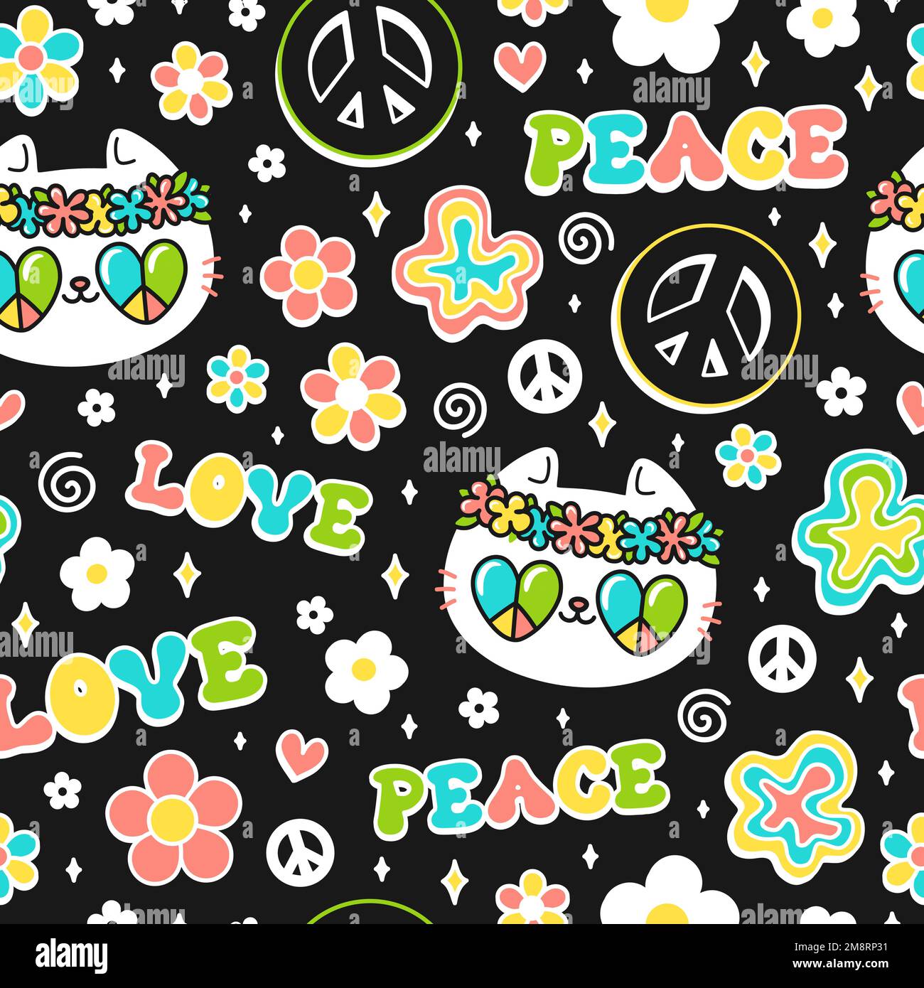Cute cat,peace hippie symbol in flower seamless pattern. Vector hand drawn kawaii trendy cartoon illustration.Hippie cat,60s,70s,groovy fashion print seamless pattern concept Stock Vector