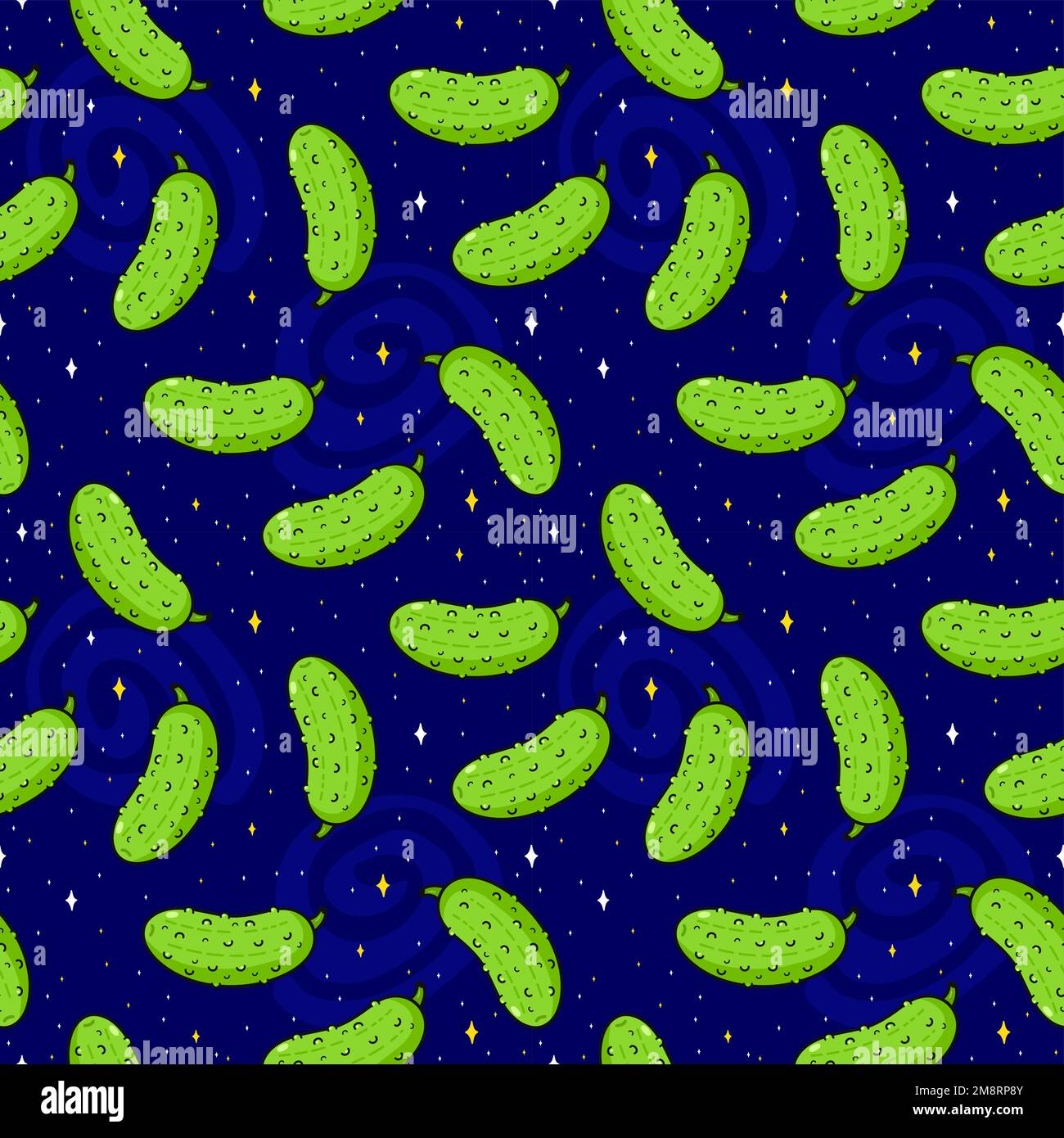 Cute funny cucumber in space,cosmos seamless pattern.Vector hand drawn doodle line cartoon kawaii illustration icon.Cucumber,pickle background seamless pattern concept Stock Vector